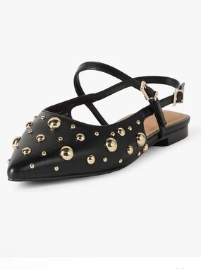 The Drop Black Studded Pointed Flat Slingback Shoes size 9